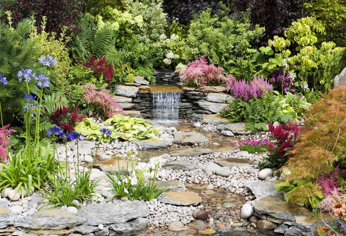 Flowers and pebbles mixed together in a small garden pond