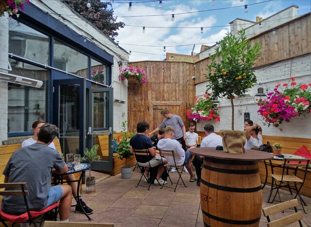 An open-air pub setting