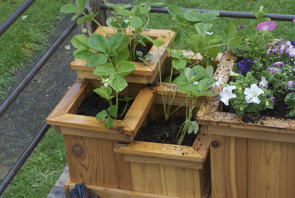 Wooden tiered planters near a balcony railing