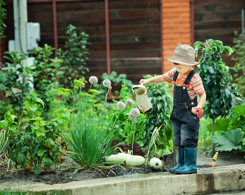 A child with a gardening gear, watering plants