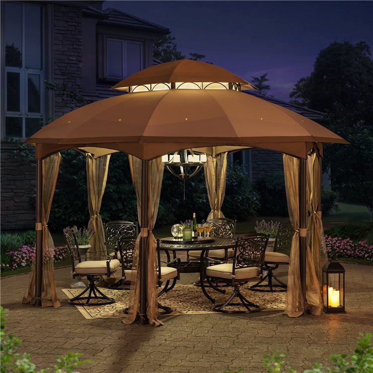 Sunjoy Pindo 4x4m Brown Steel Gazebo with 2-tier Tan and Brown Dome Canopy