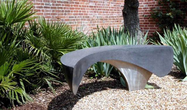 Metal outdoor bench with futuristic design