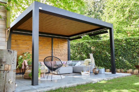 Modern garden pergola corner furnished with furniture